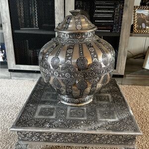 Large Ornate Silver Decorative Jar with Pooja table from India